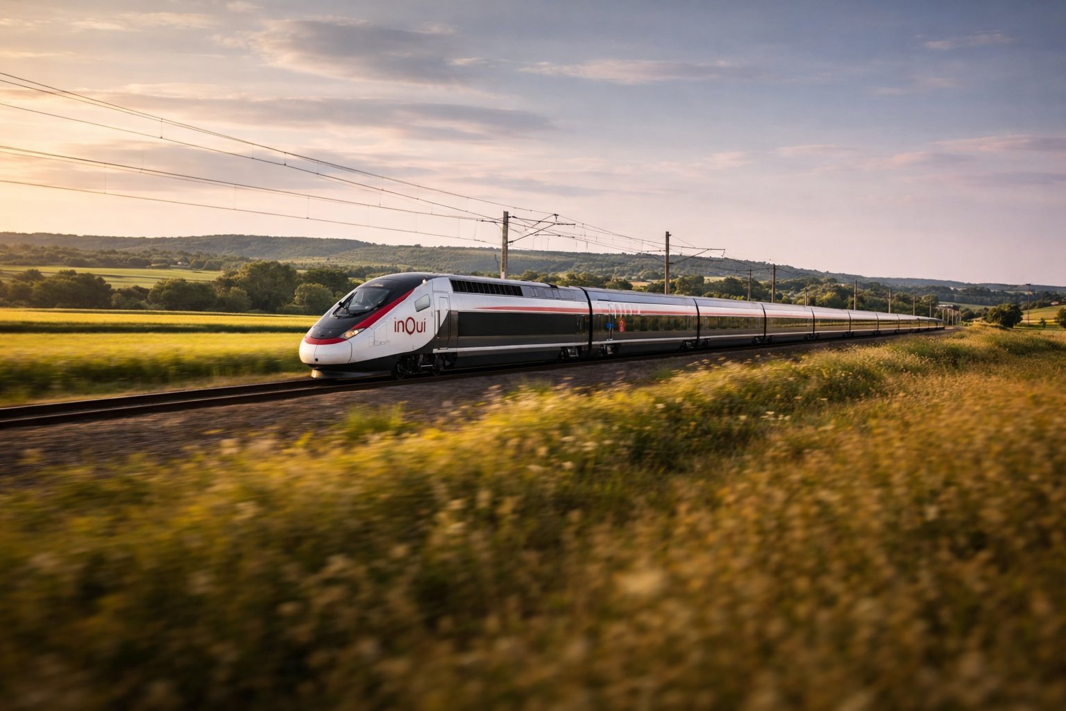TGV inOui high-speed train at speed through the French countryside at golden hour