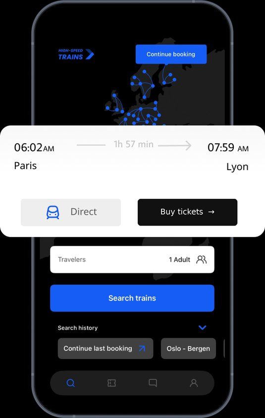 High-Speed Trains app showing Paris to Lyon train search