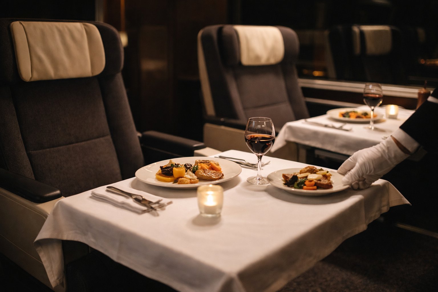 TGV Business Première in-seat dining service with white tablecloth, plated meal and wine