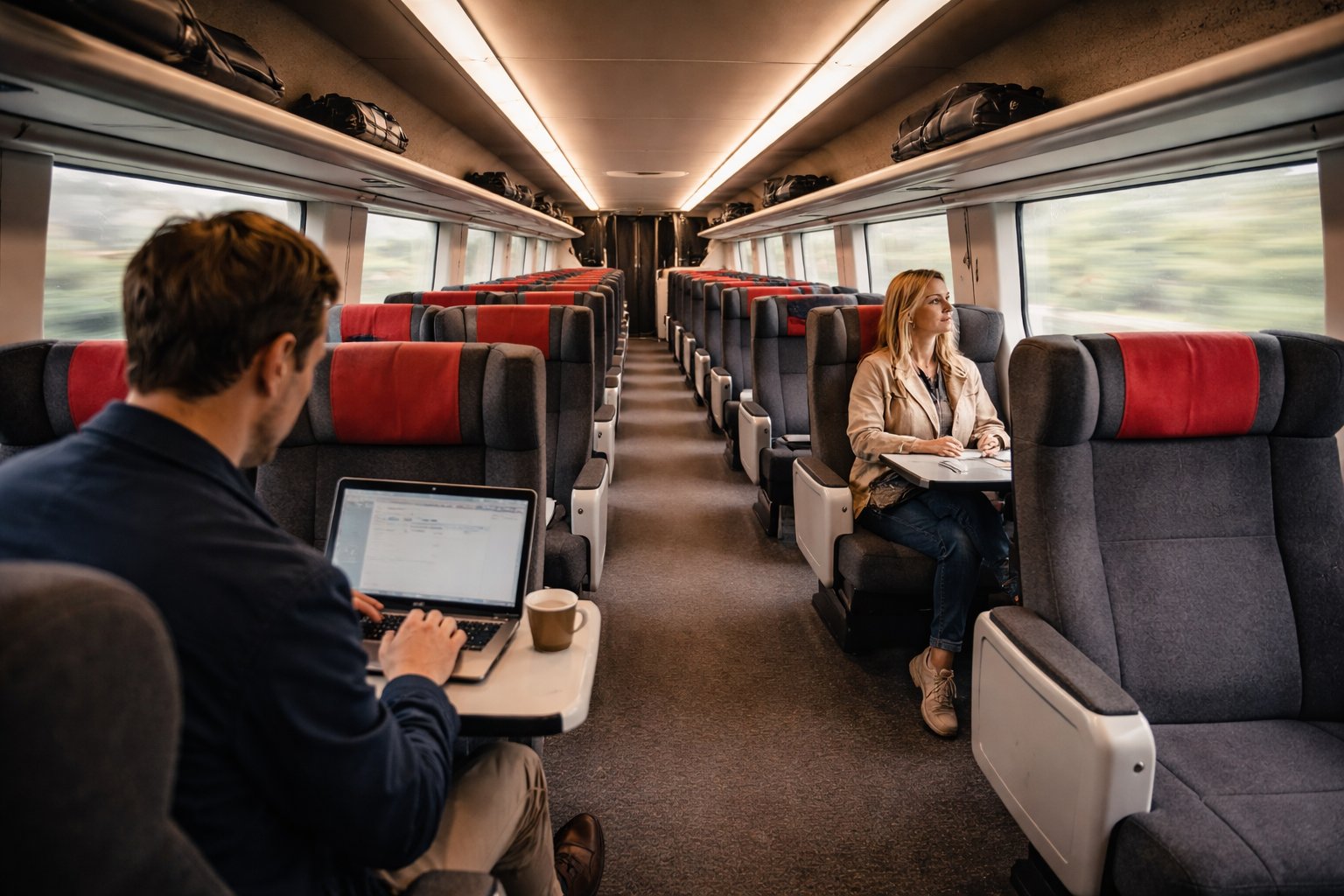 TGV inOui Standard class interior with 2+2 seating, red headrests and fold-down tables