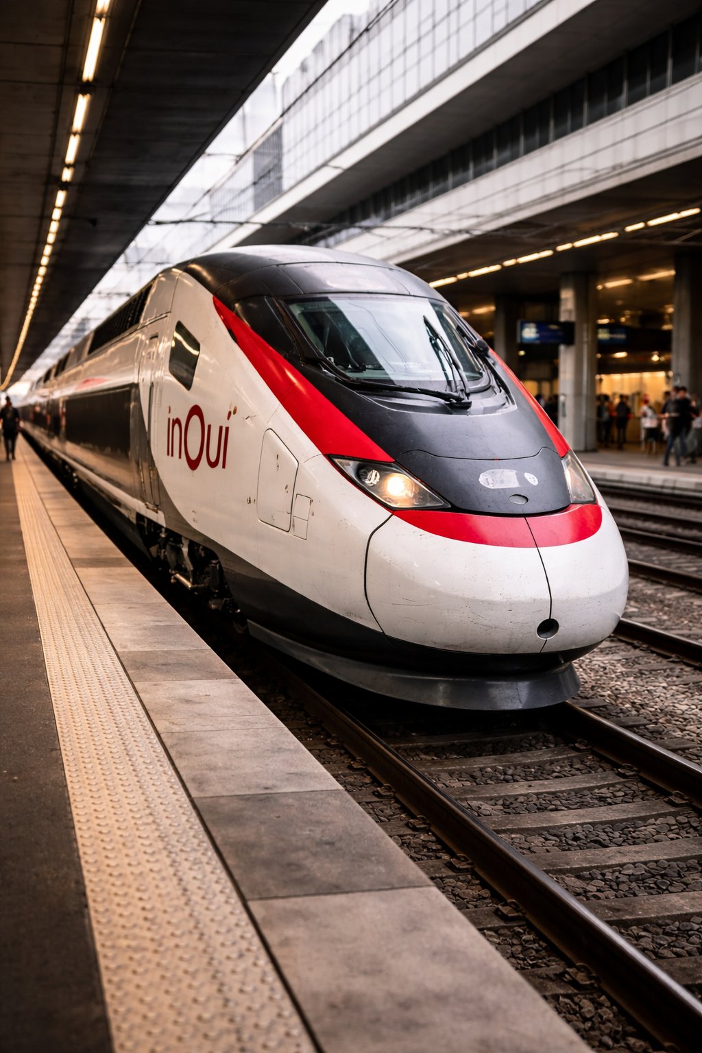 TGV inOui high-speed train at a French railway station platform, nose detail