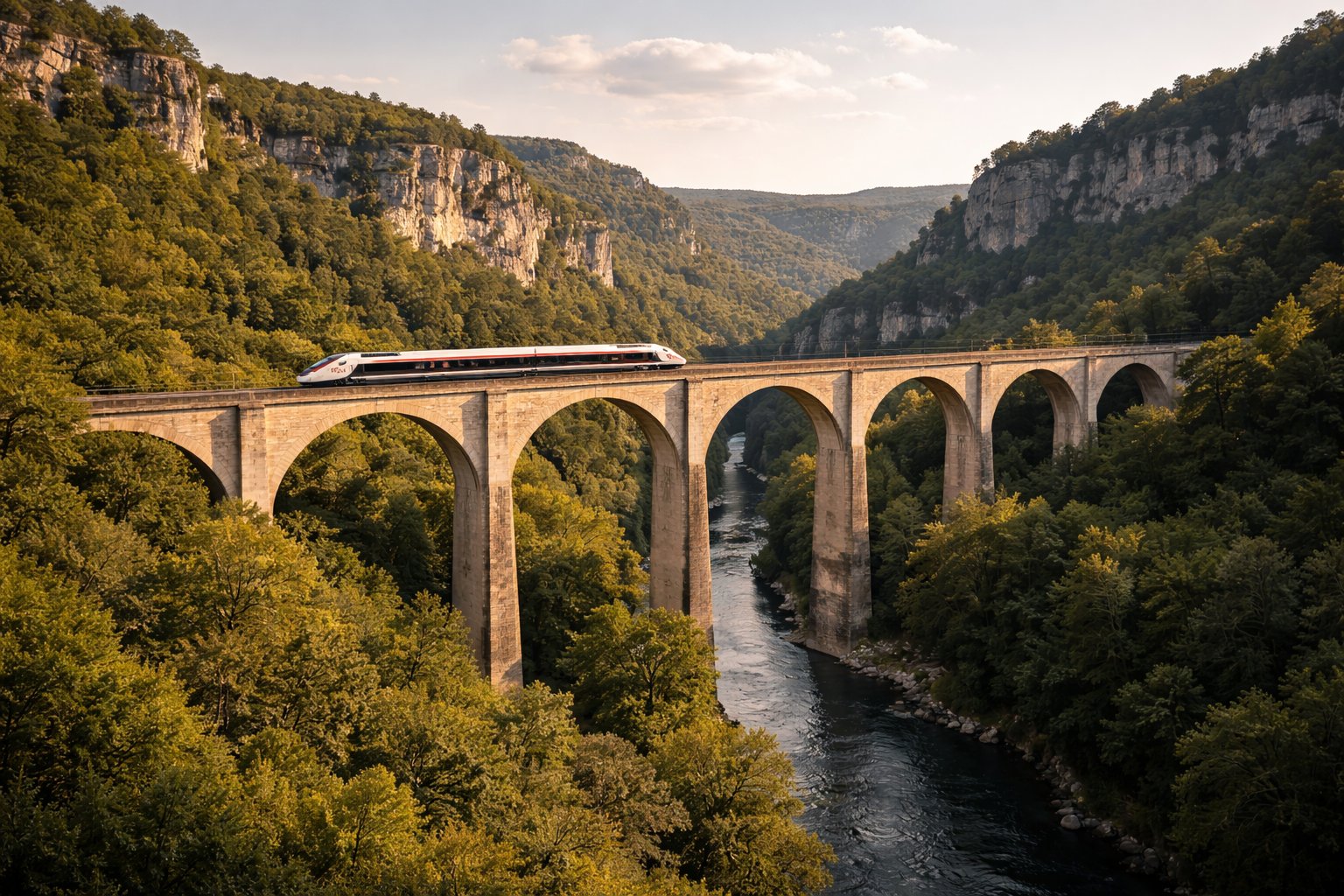 TGV inOui train crossing a stone viaduct over a river gorge through forested French countryside